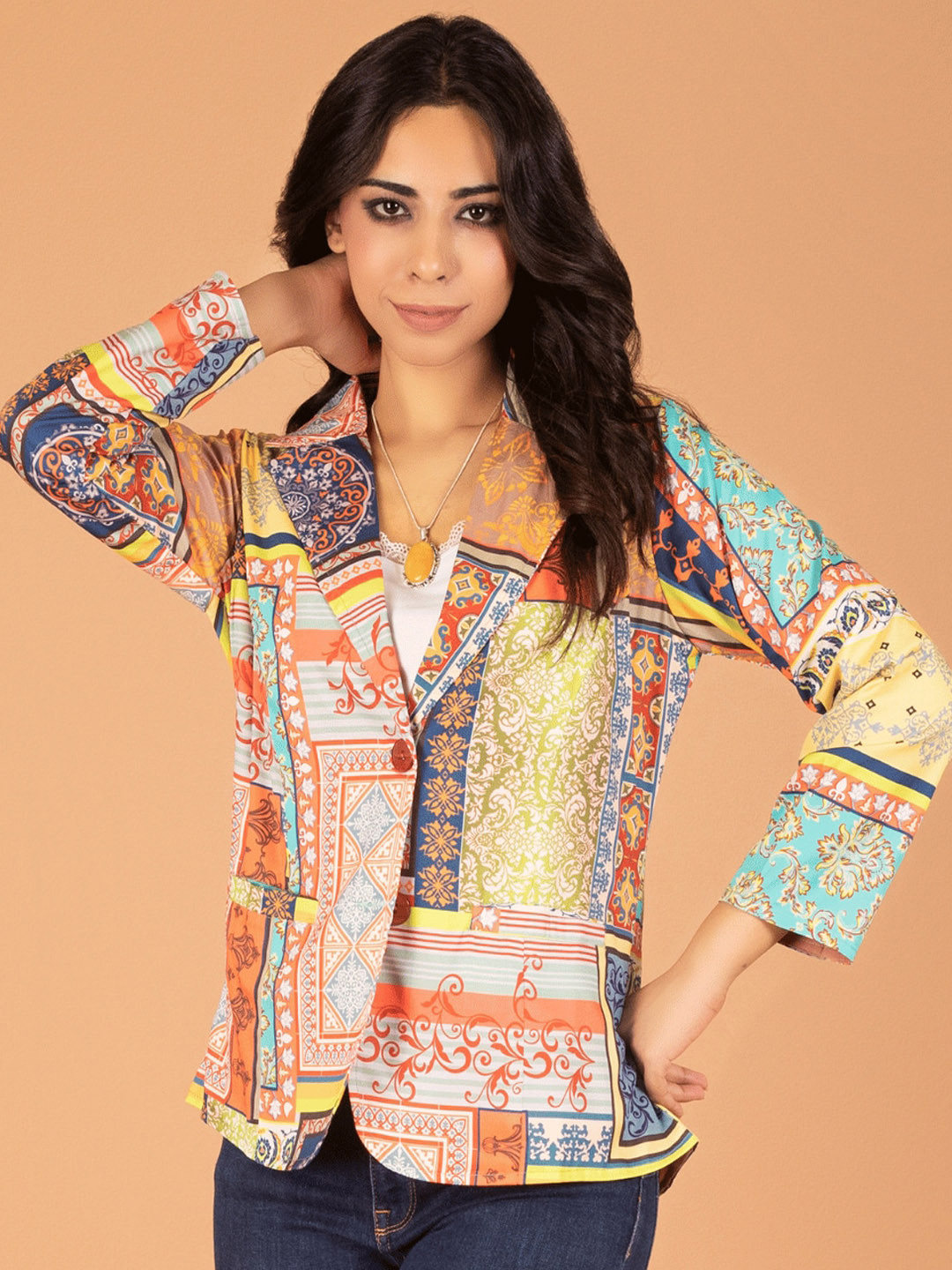 

Boholyfe Ethnic Printed Notched Lapel Single Breasted Casual Blazer, Yellow