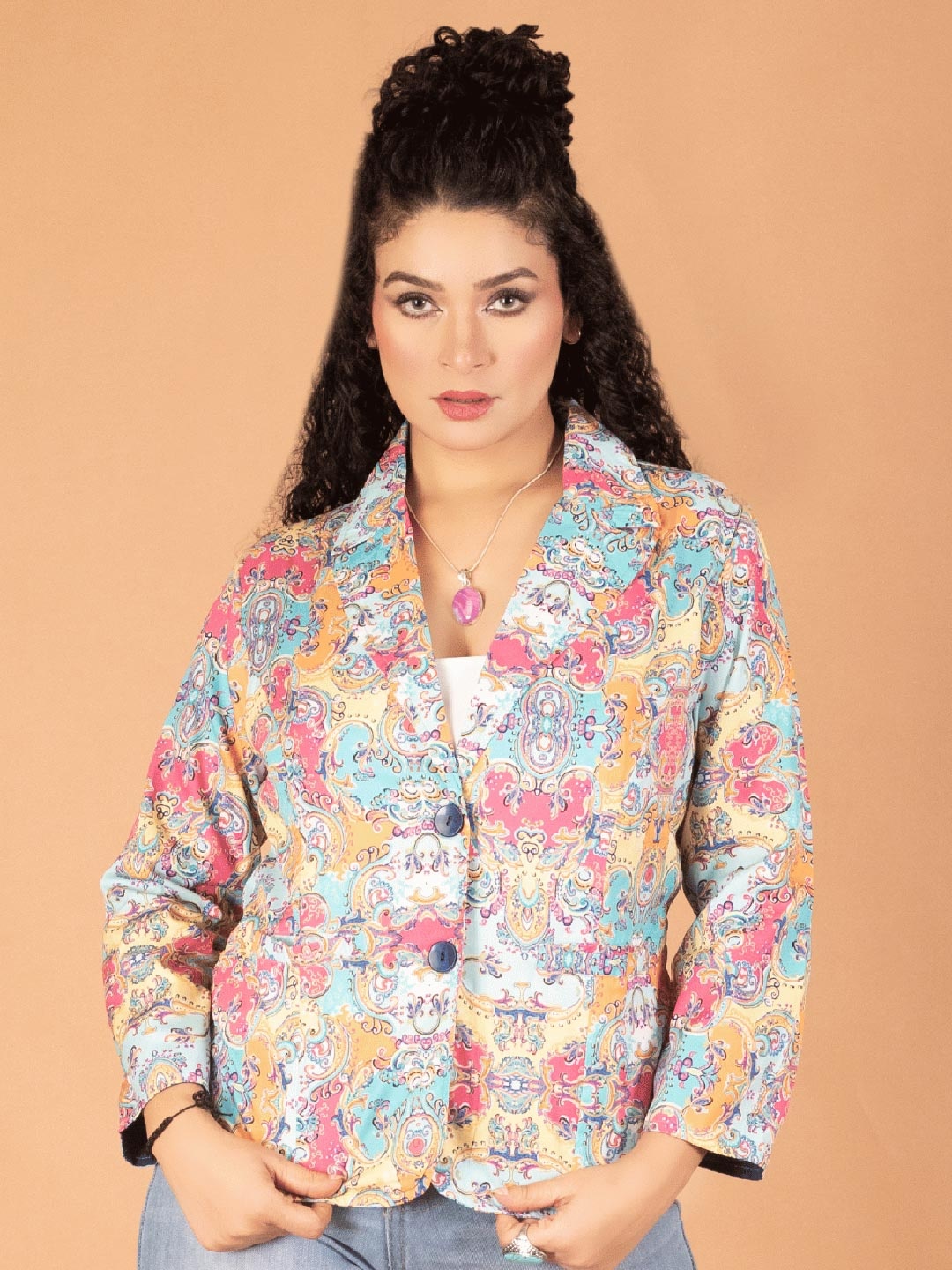 

Boholyfe Ethnic Printed Notched Lapel Single Breasted Casual Blazer, Pink