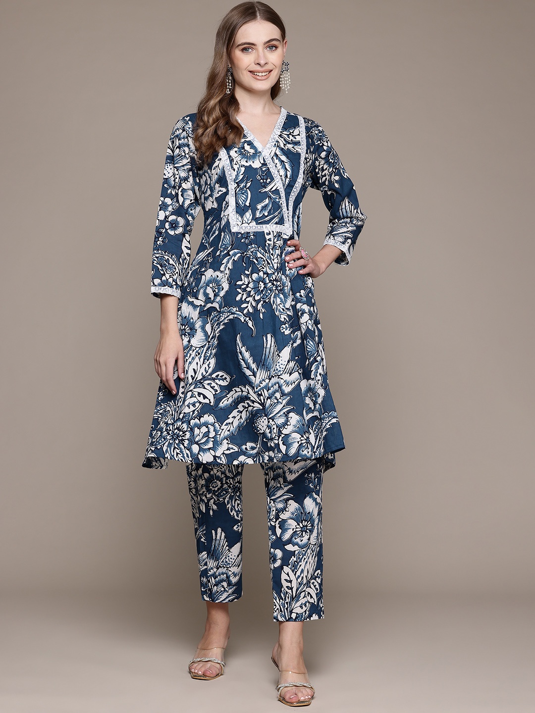 

Readiprint Fashions Floral Printed Pure Cotton Tunic With Trousers, Navy blue