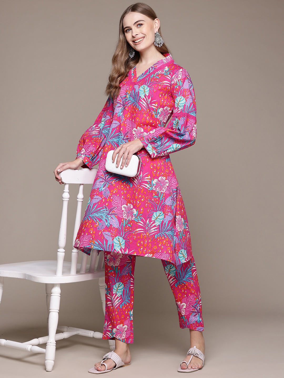 

Readiprint Floral Printed Pure Cotton Tunic With Trousers, Pink