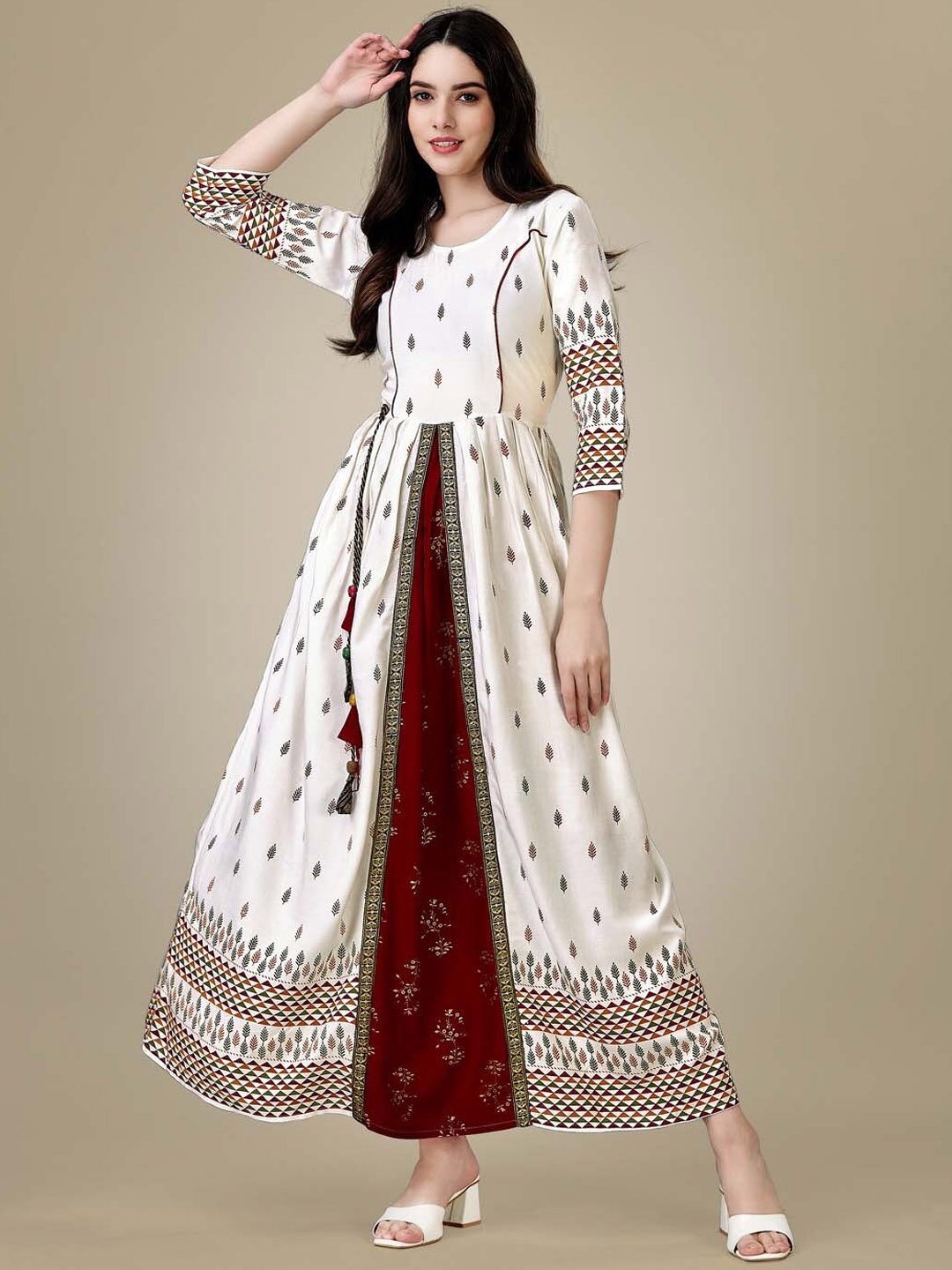 

devkison Designer Floral Printed Round Neck Anarkali Kurta with Trousers, White