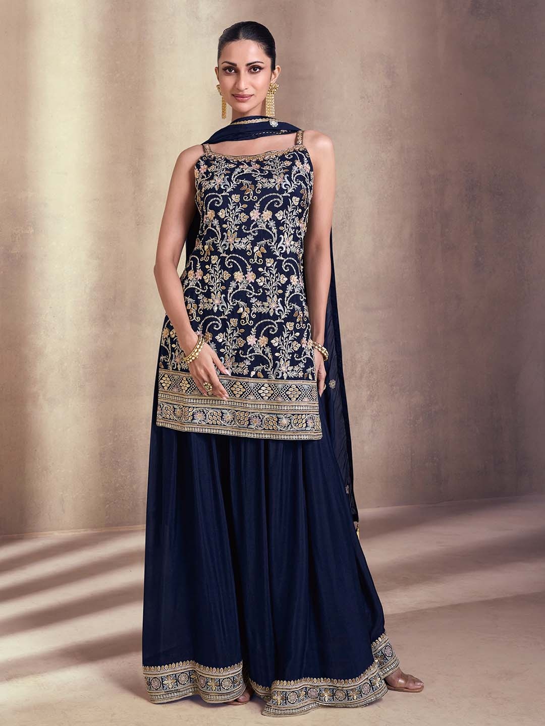 

ODETTE Floral Embroidered Straight Kurti & Sharara With Dupatta, Blue