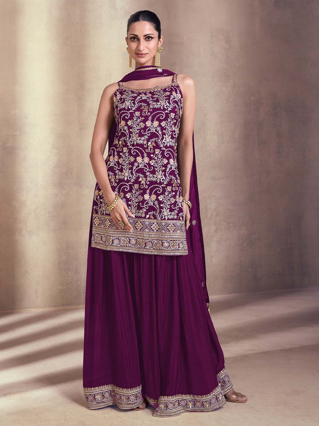 

ODETTE Embroidered Layered Straight Kurta & Salwar With Dupatta, Purple