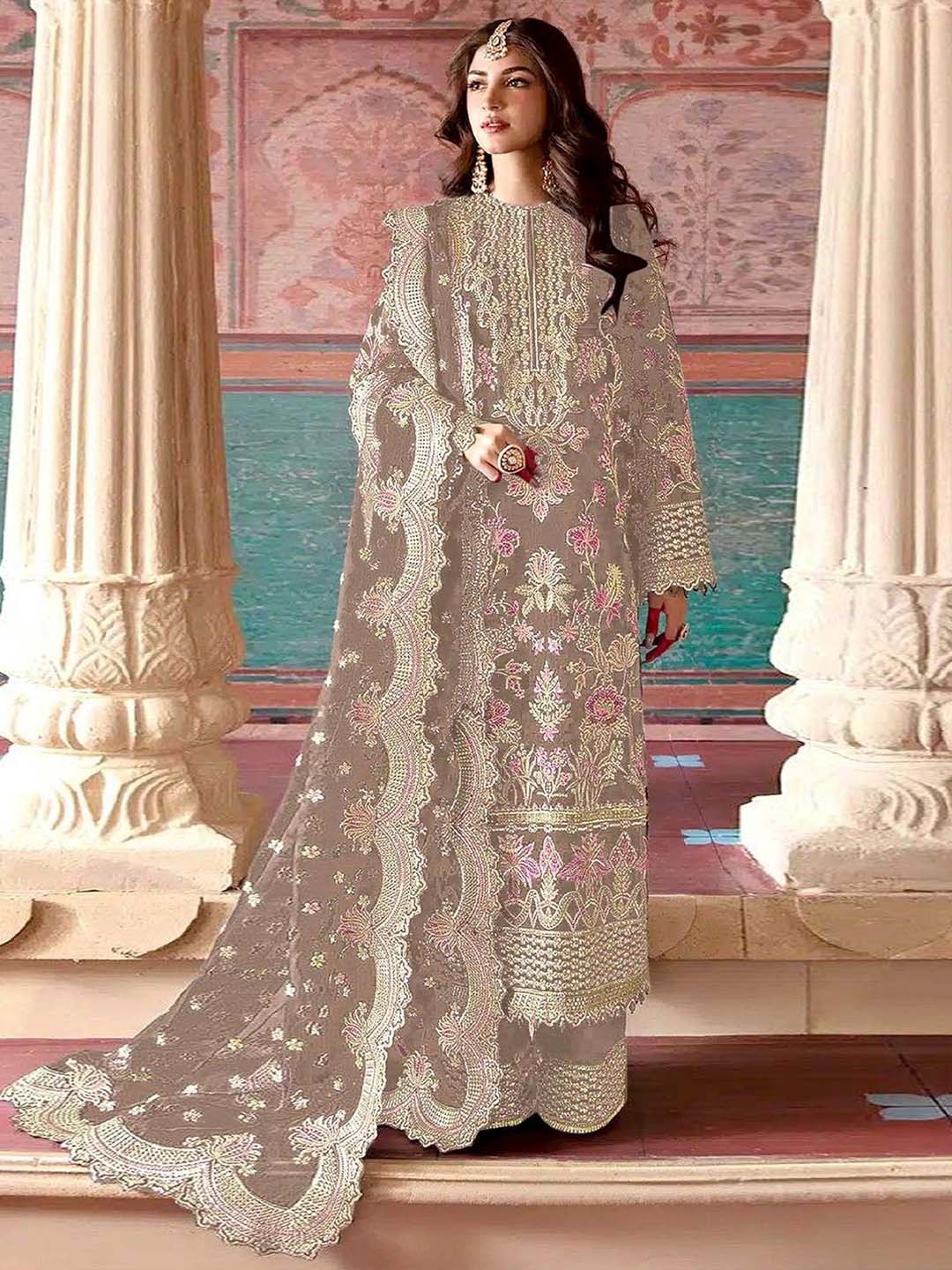 

ODETTE Ethnic Motifs Embroidered Pakistani Style Kurta & Palazzos With Dupatta, Beige