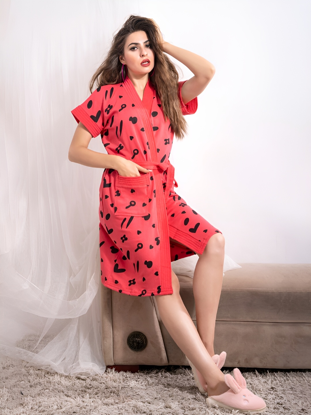 

LacyLook Women Knee Length Bath Robe, Rose