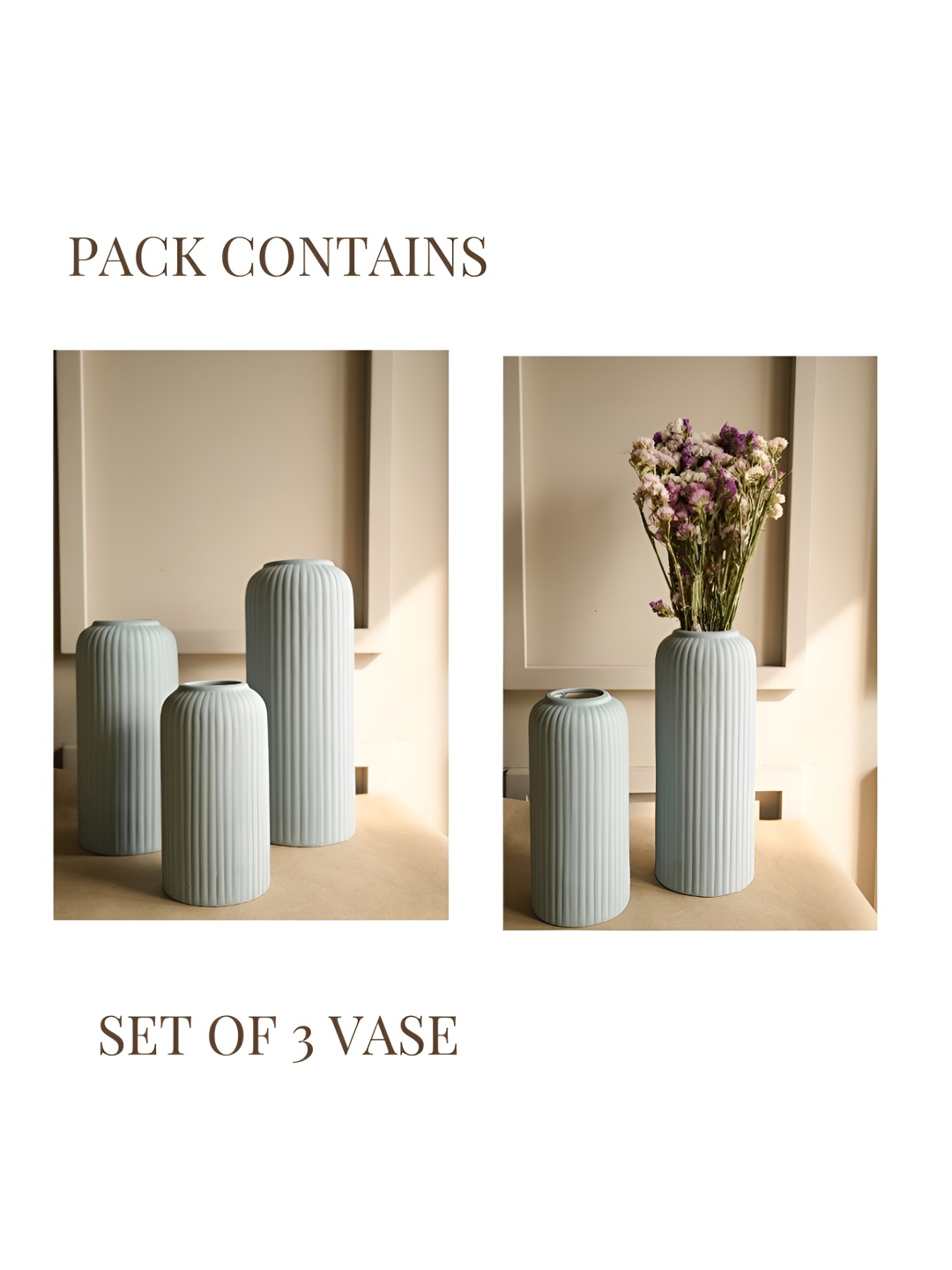 

ArteCasa Grey 3 Pieces Ribbed Flower Ceramic Vases