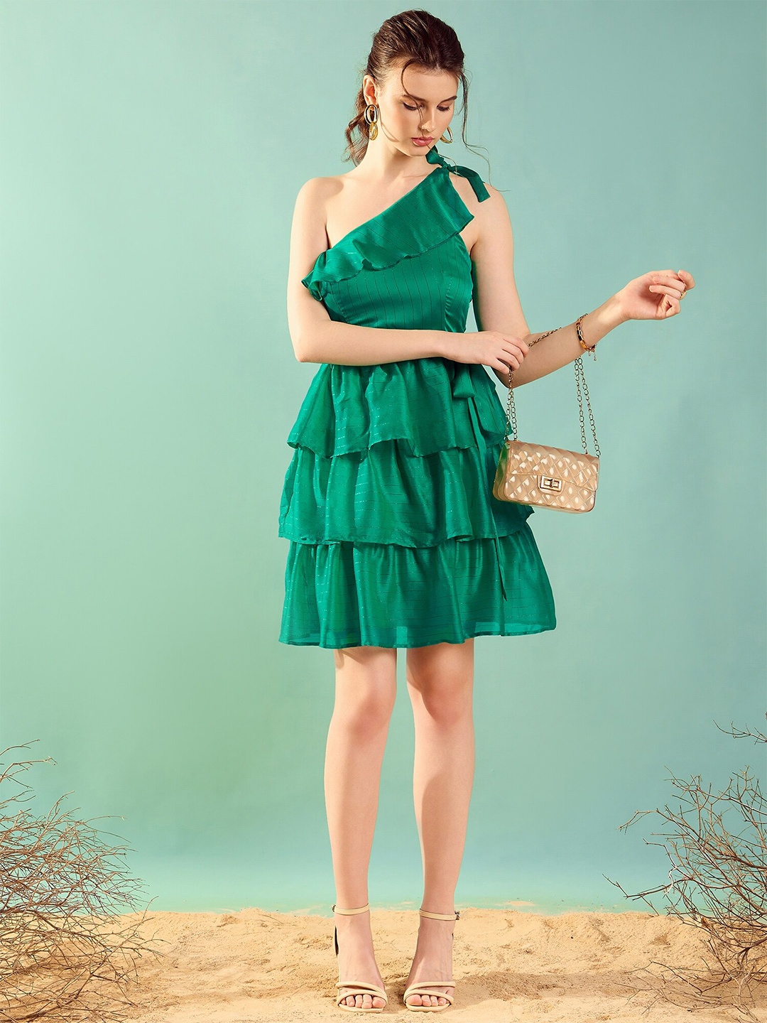 

KASSUALLY Green One-Shoulder Ruffled Chiffon Fit & Flare Dress