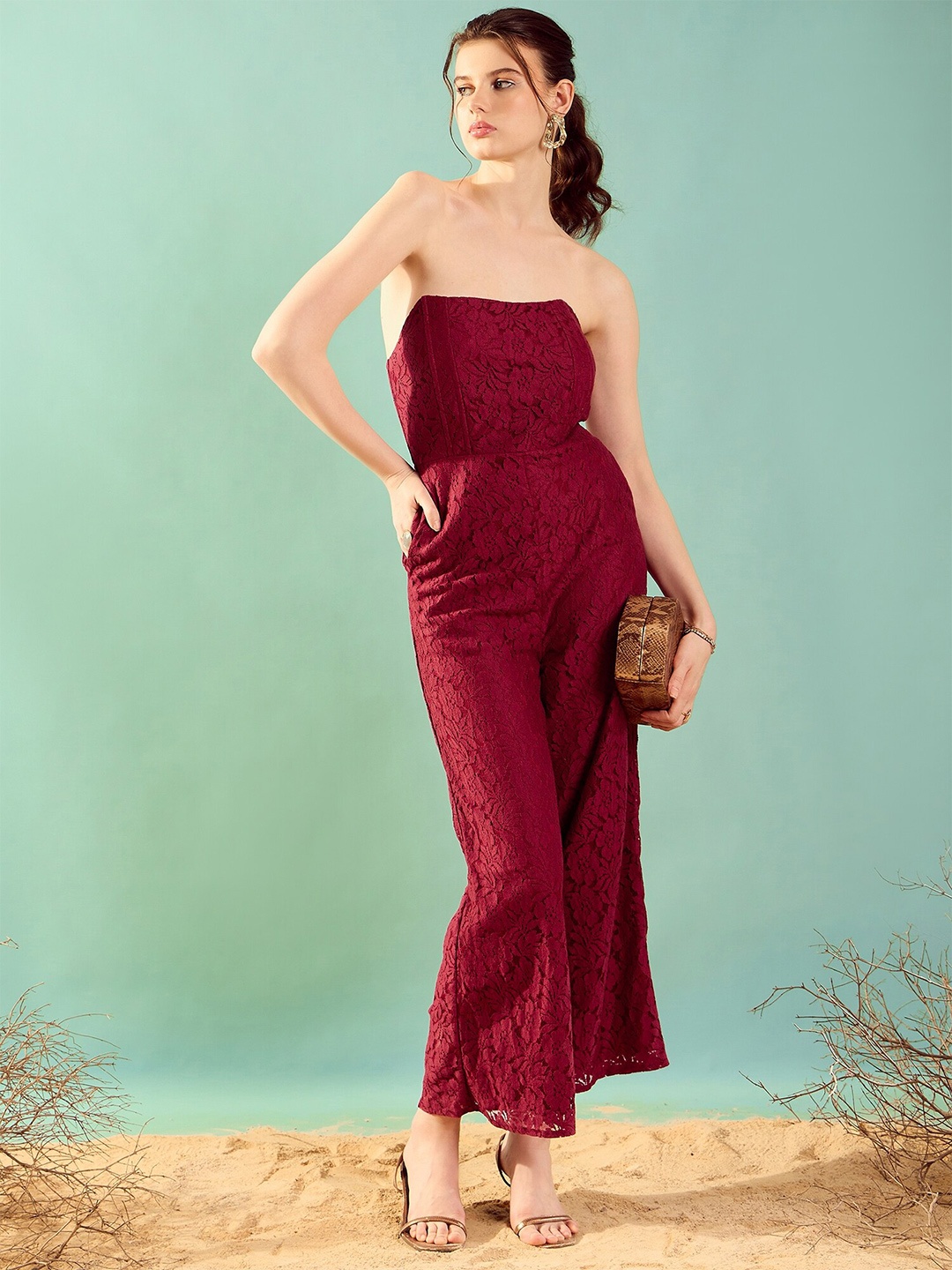 

KASSUALLY Maroon Self Design Strapless Corset Lace Basic Jumpsuit