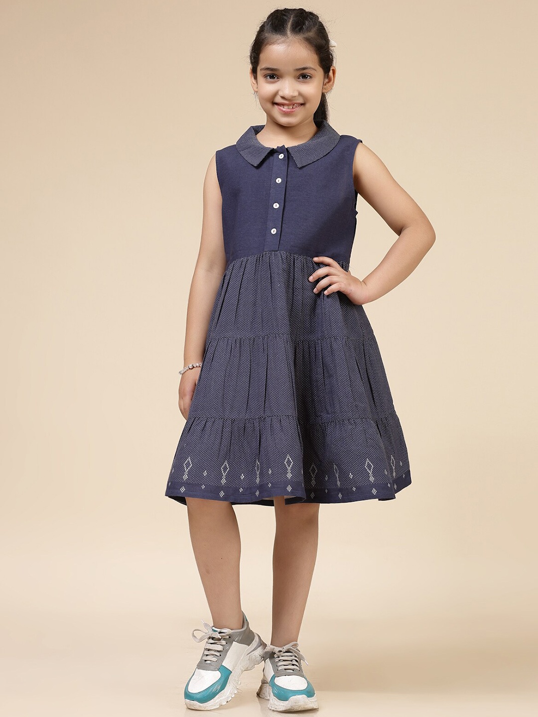 

BAESD Girls Shirt Collar Dobby Weave Cotton Fit & Flare Dress, Navy blue