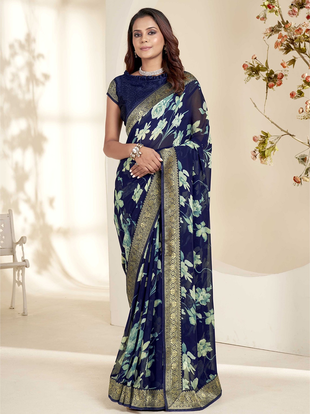 

Mitera Floral Saree, Navy blue