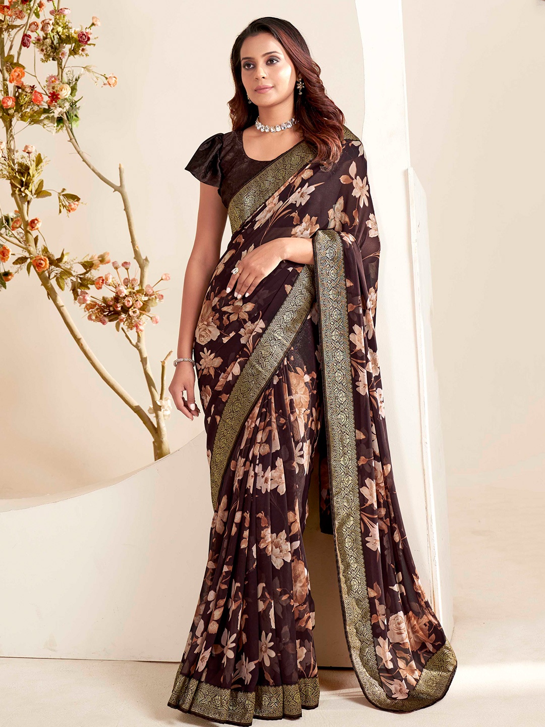 

Mitera Floral Poly Georgette Saree, Brown