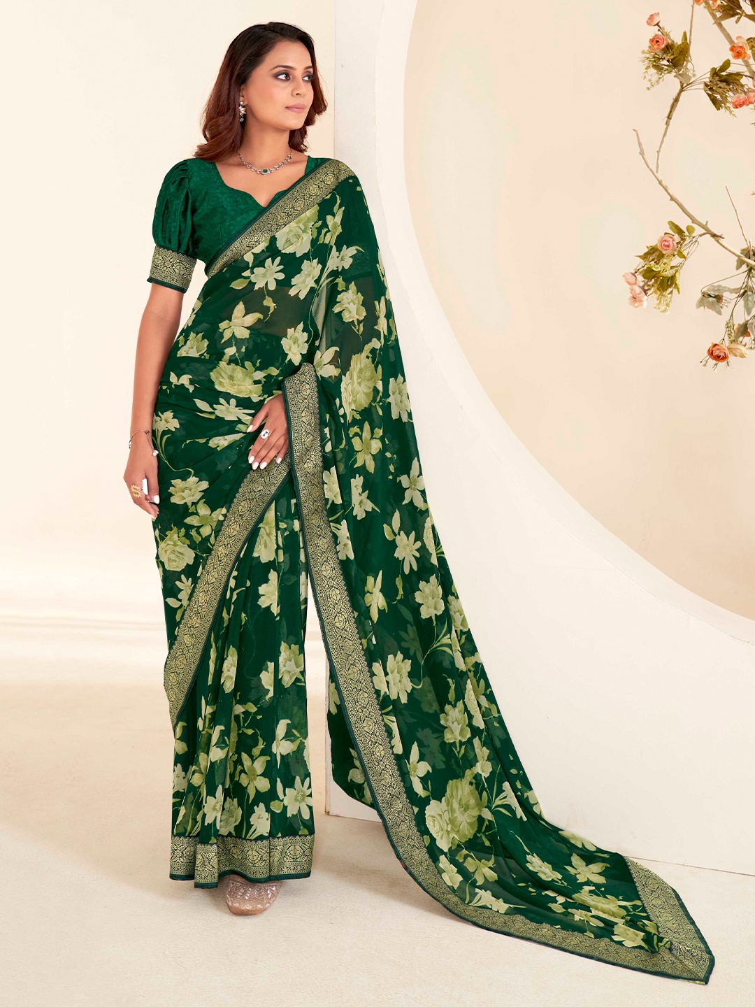 

Mitera Floral Woven Design Saree, Green