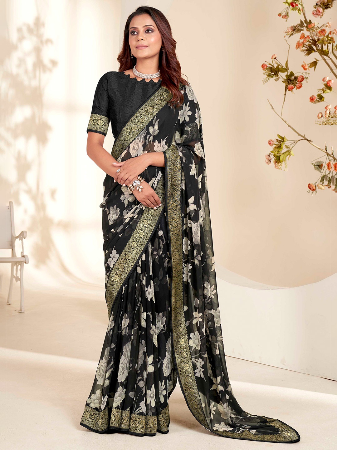 

Mitera Floral Poly Georgette Saree, Black
