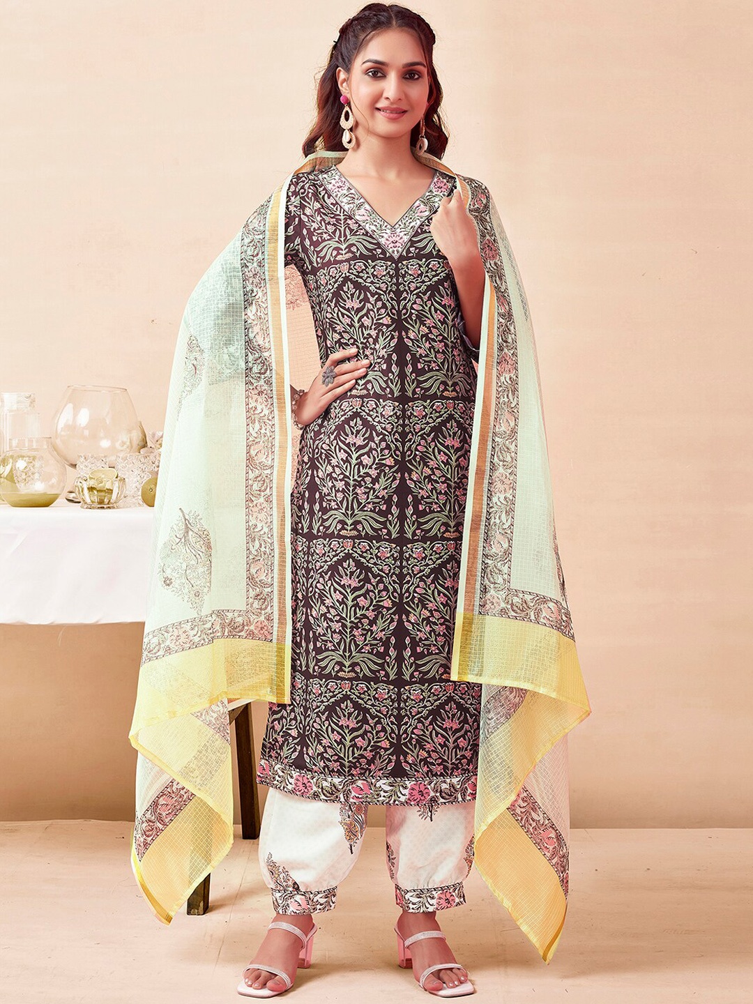 

SKYLEE Brown & Green Ethnic Motifs Print V-Neck Zari Straight Kurta with Salwar & Dupatta