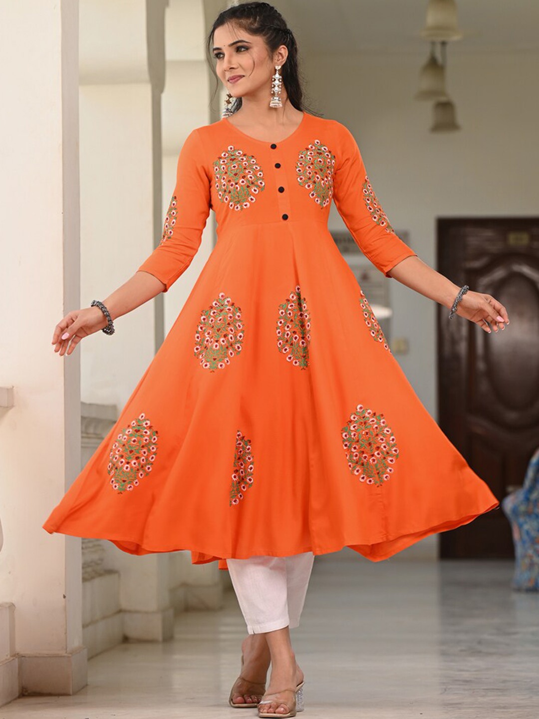 

Ayan Floral Round Neck Regular Sleeves Block Print Anarkali Kurta, Orange