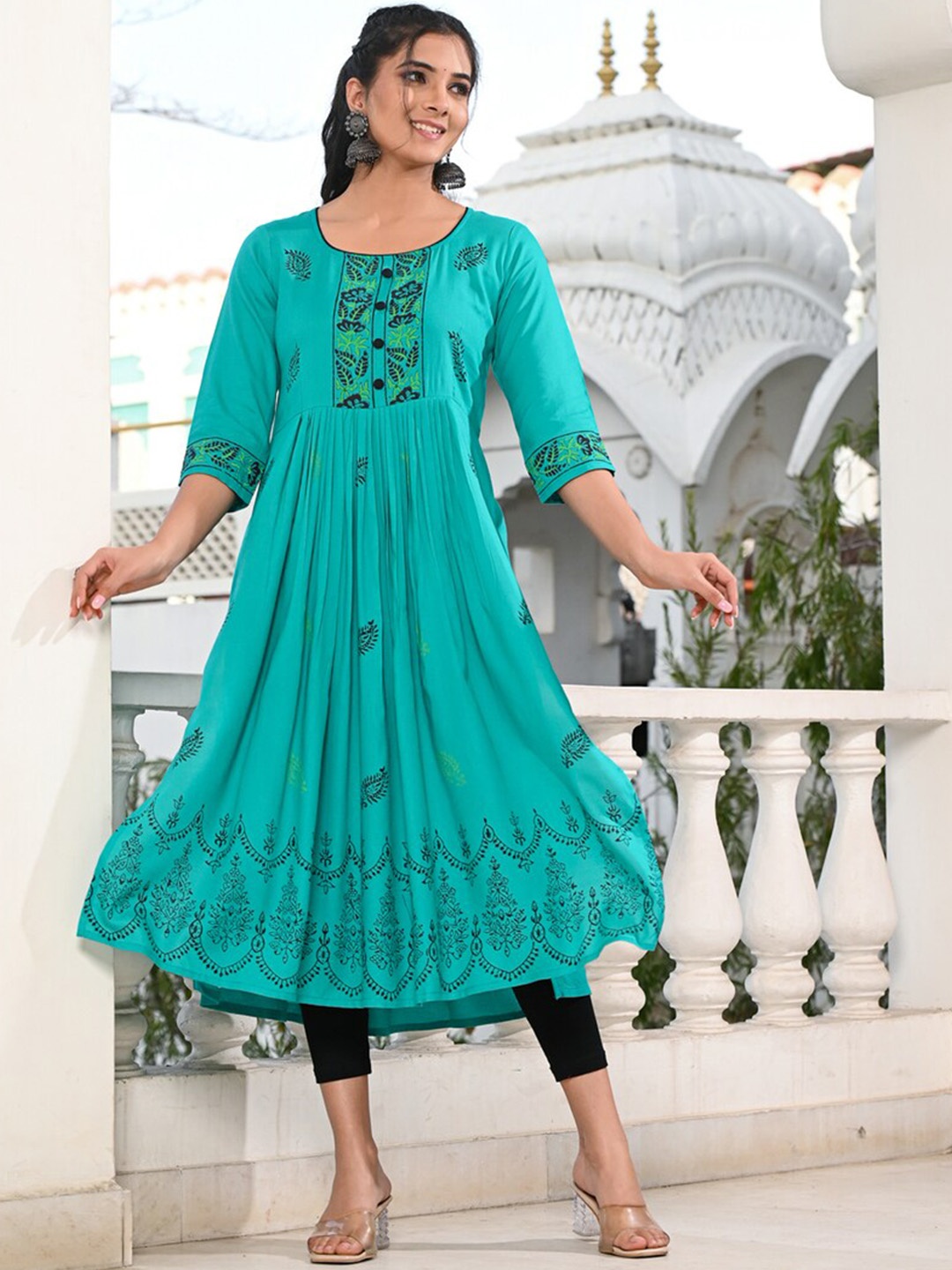 

Ayan Floral Printed Sequinned Block Print Anarkali Kurta, Turquoise blue