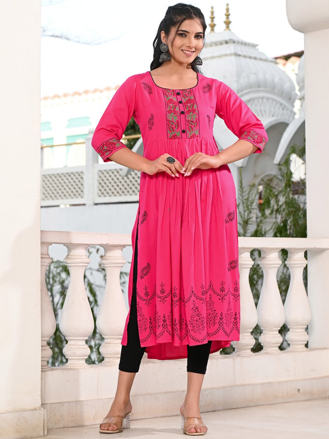 

Ayan Floral Printed Sequinned Block Print A-line Kurta, Pink