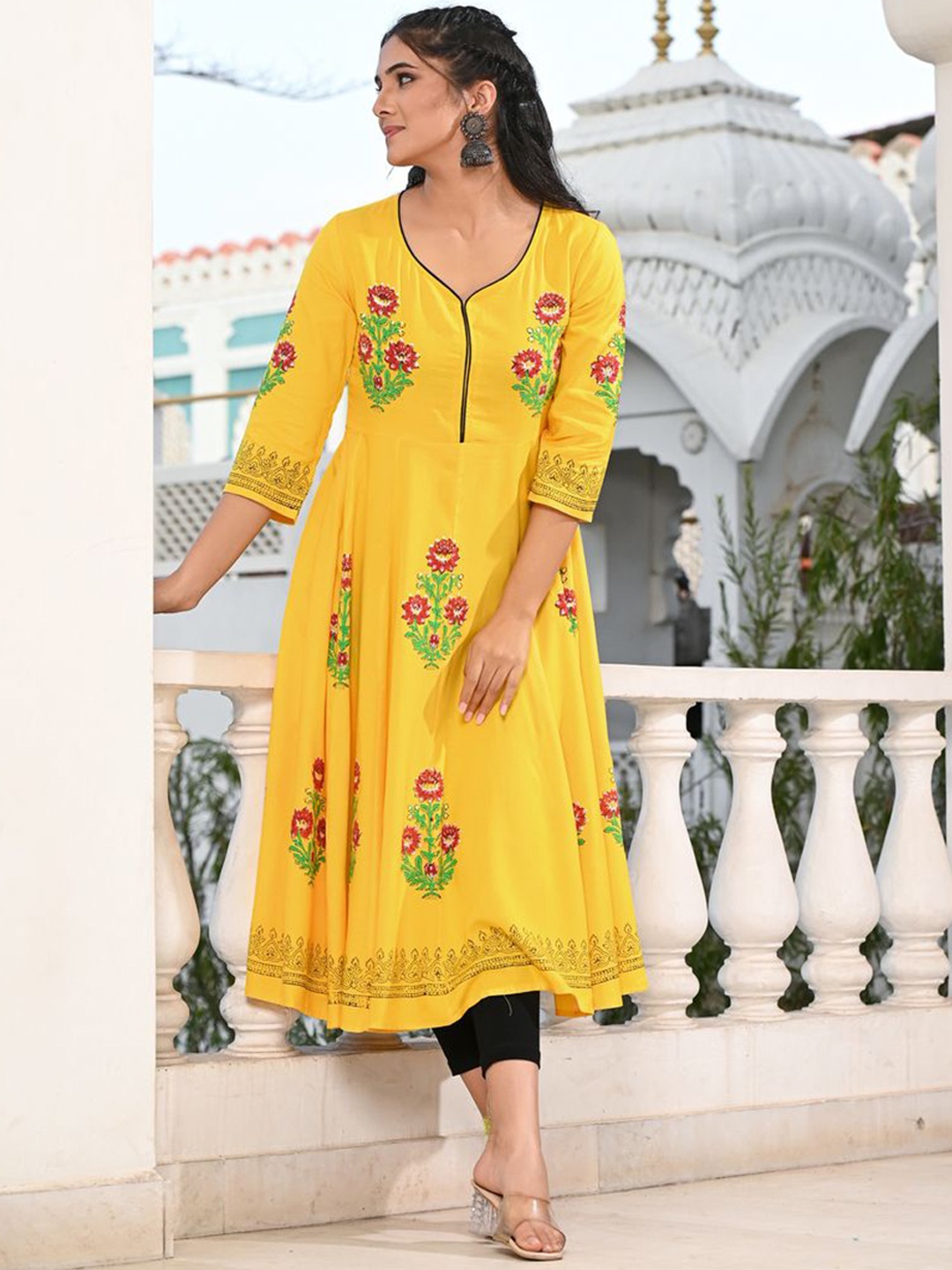 

Ayan Floral Printed Thread Work Block Print Anarkali Kurta, Yellow
