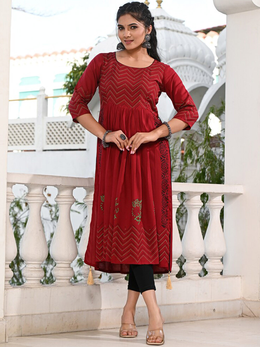

Ayan Geometric Printed Thread Work Block Print Anarkali Kurta, Maroon