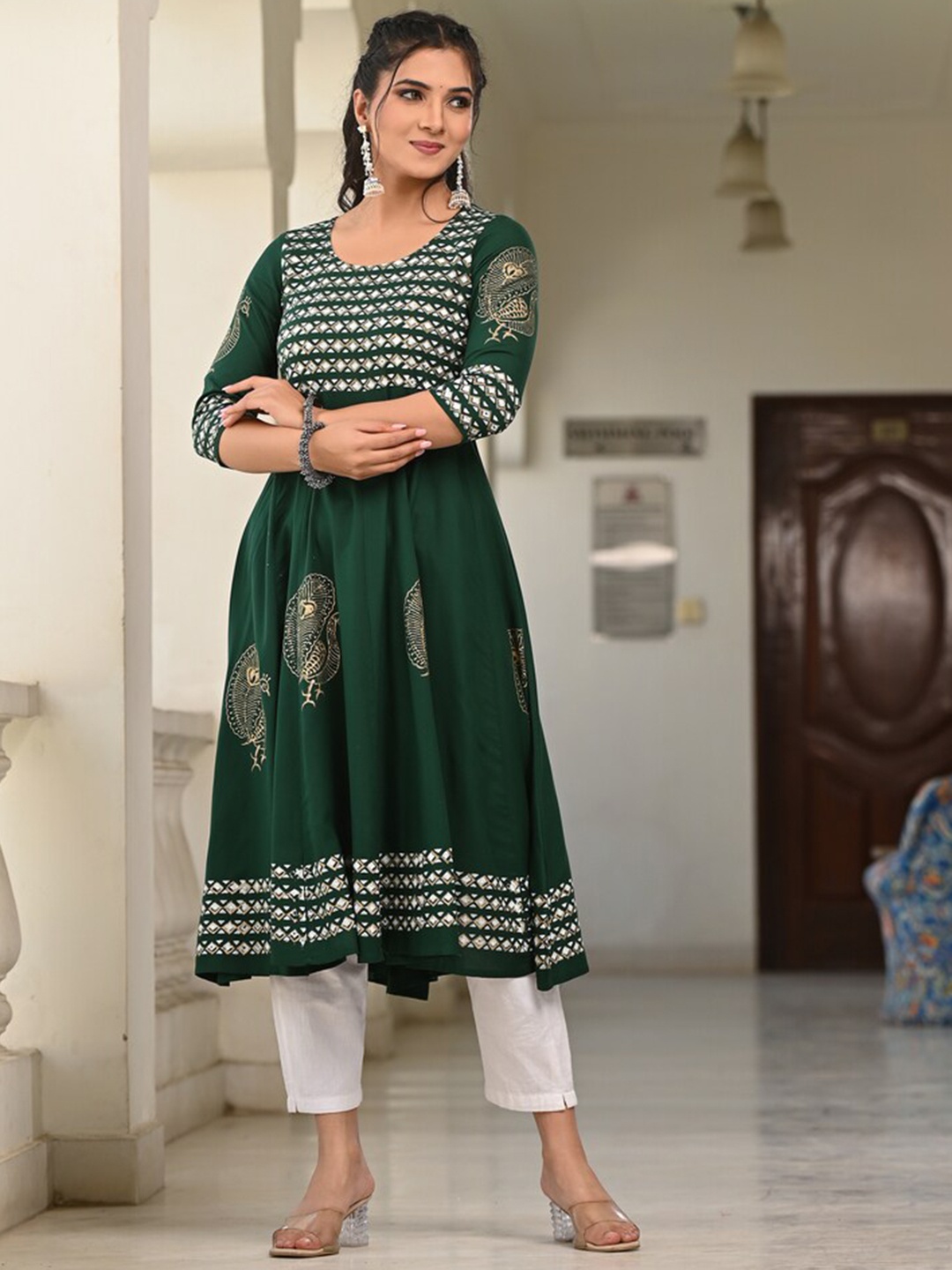 

Ayan Geometric Printed Block Print Anarkali Kurta, Green