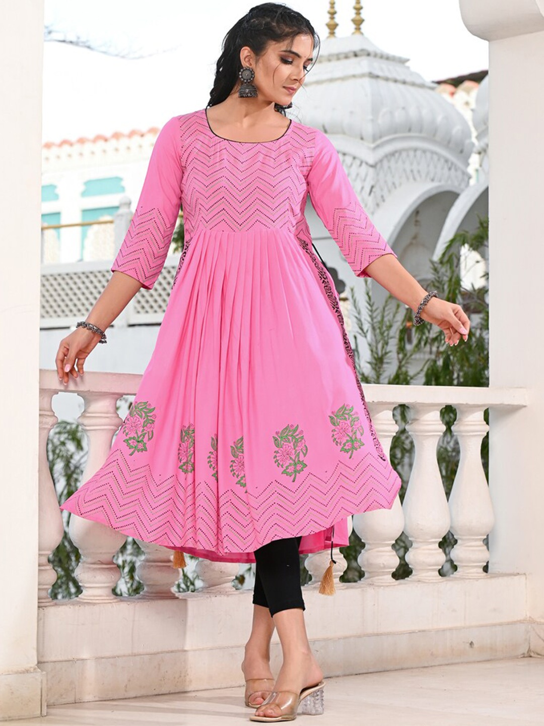 

Ayan Geometric Printed Regular Sleeves Block Print A-line Kurta, Pink