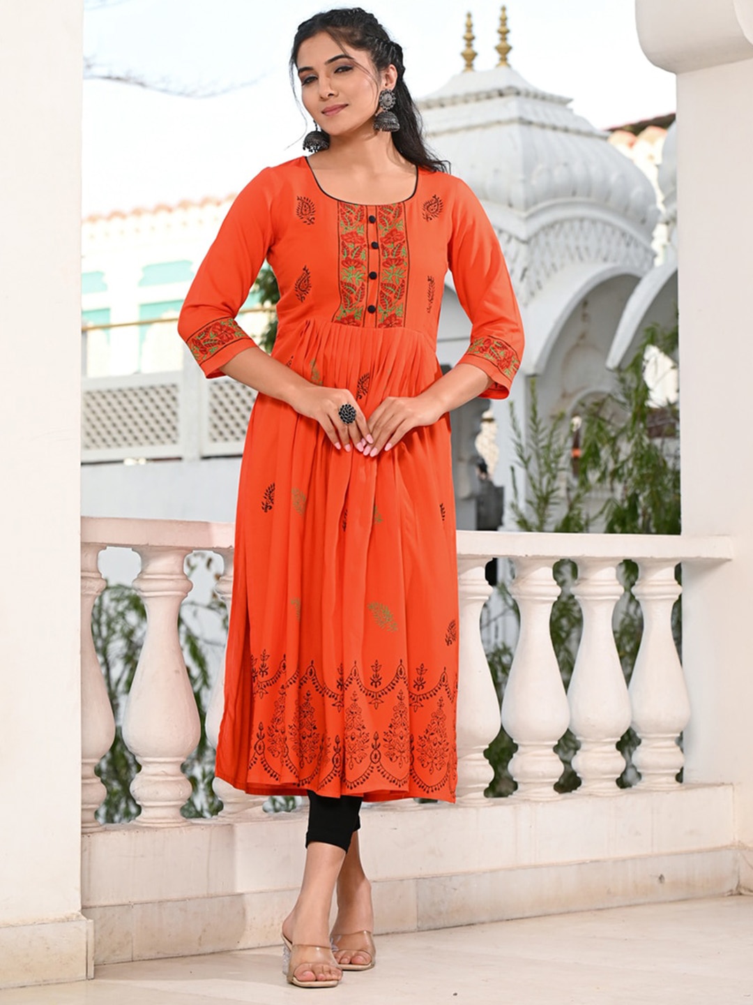 

Ayan Floral Embroidered Thread Work Block Print A-line Kurta, Orange