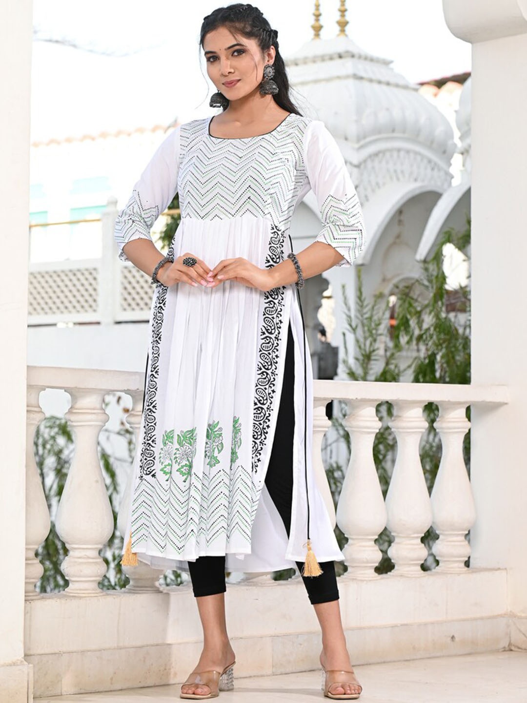 

Ayan Geometric Printed Thread Work Tiered A-Line Kurta, White