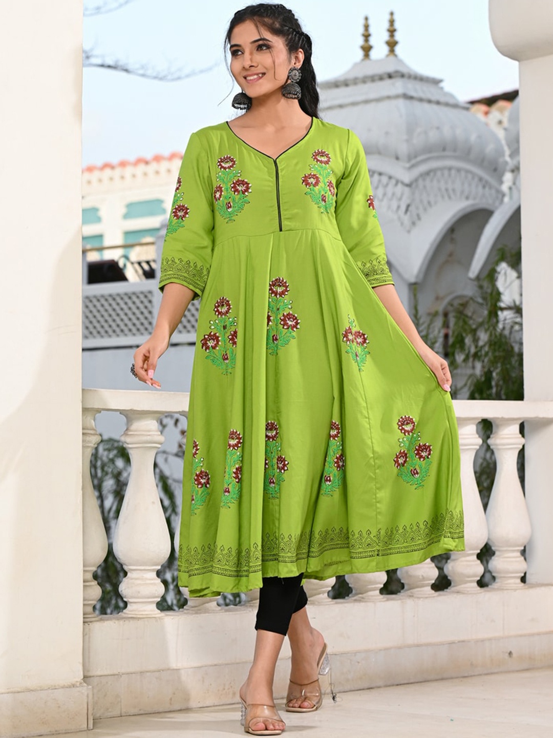 

Ayan Floral Embroidered Thread Work Block Print Anarkali Kurta, Green