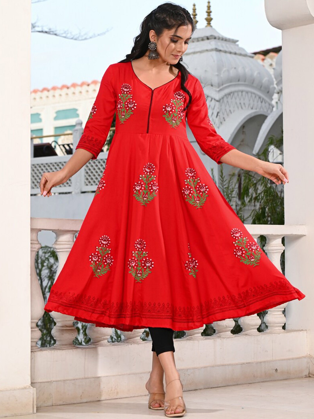 Ayan Floral Printed V-Neck Block Print Anarkali Kurta, Red