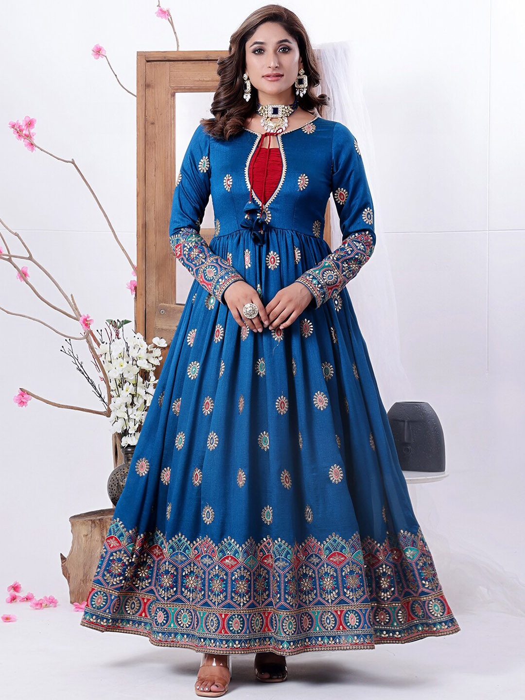 

Ethnovog Ethnic Motifs Embroidered Sequinned Anarkali Kurta with Trousers & Dupatta, Blue