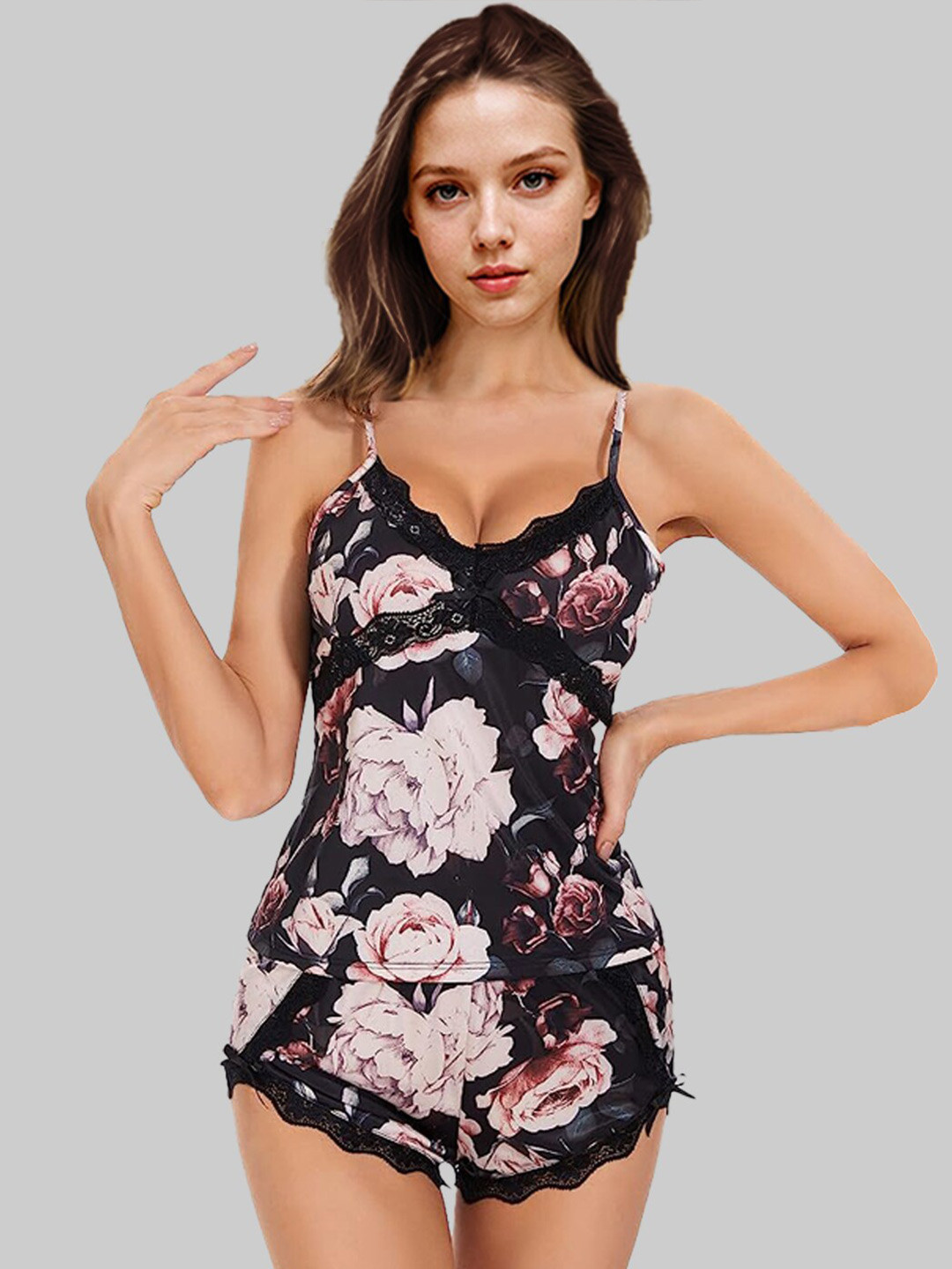 

FIMBUL Floral Printed Lace Cami With Shorts, Black