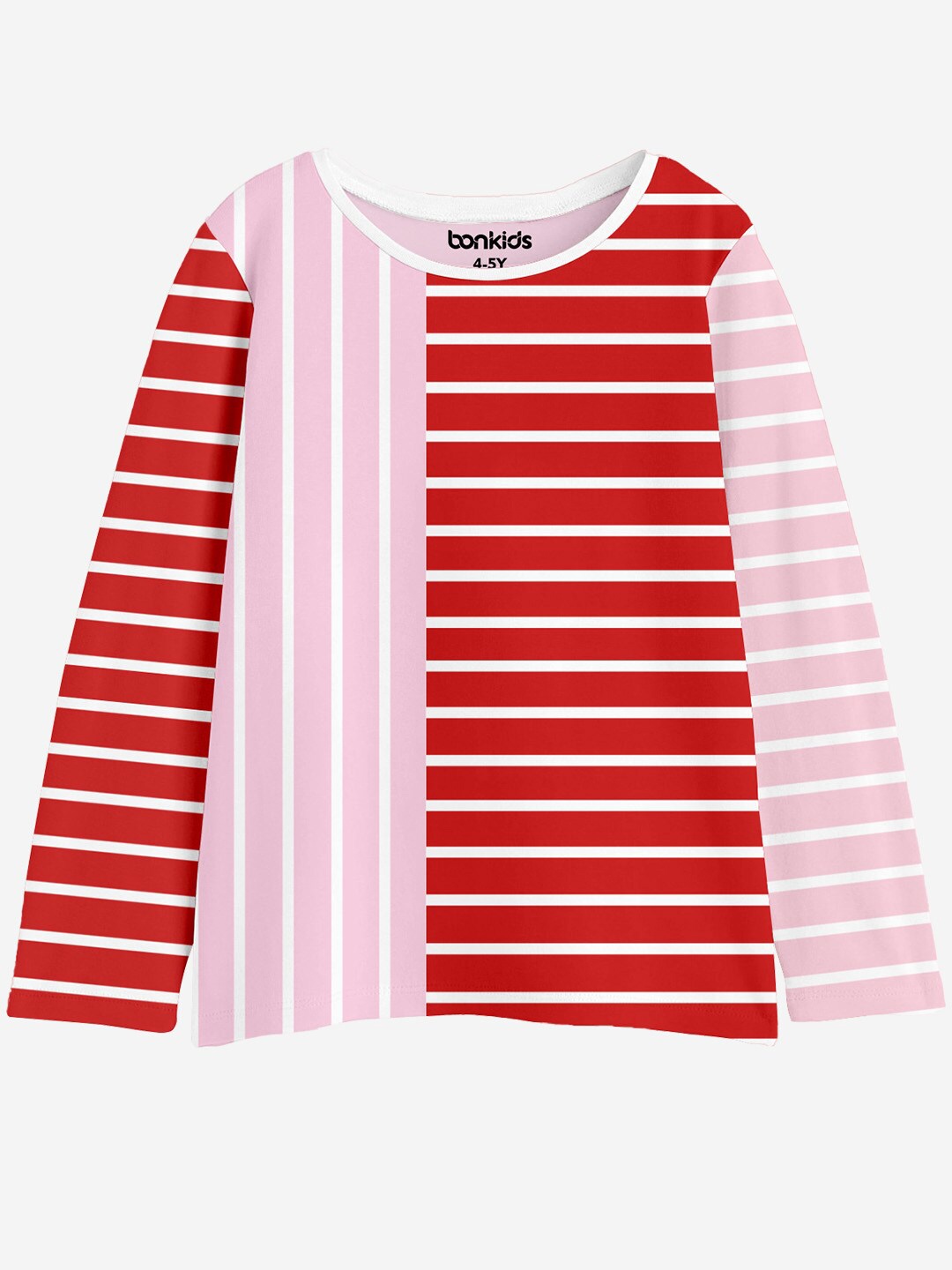 

BONKIDS Girls Striped Round Neck Long Sleeves T-shirt, Red