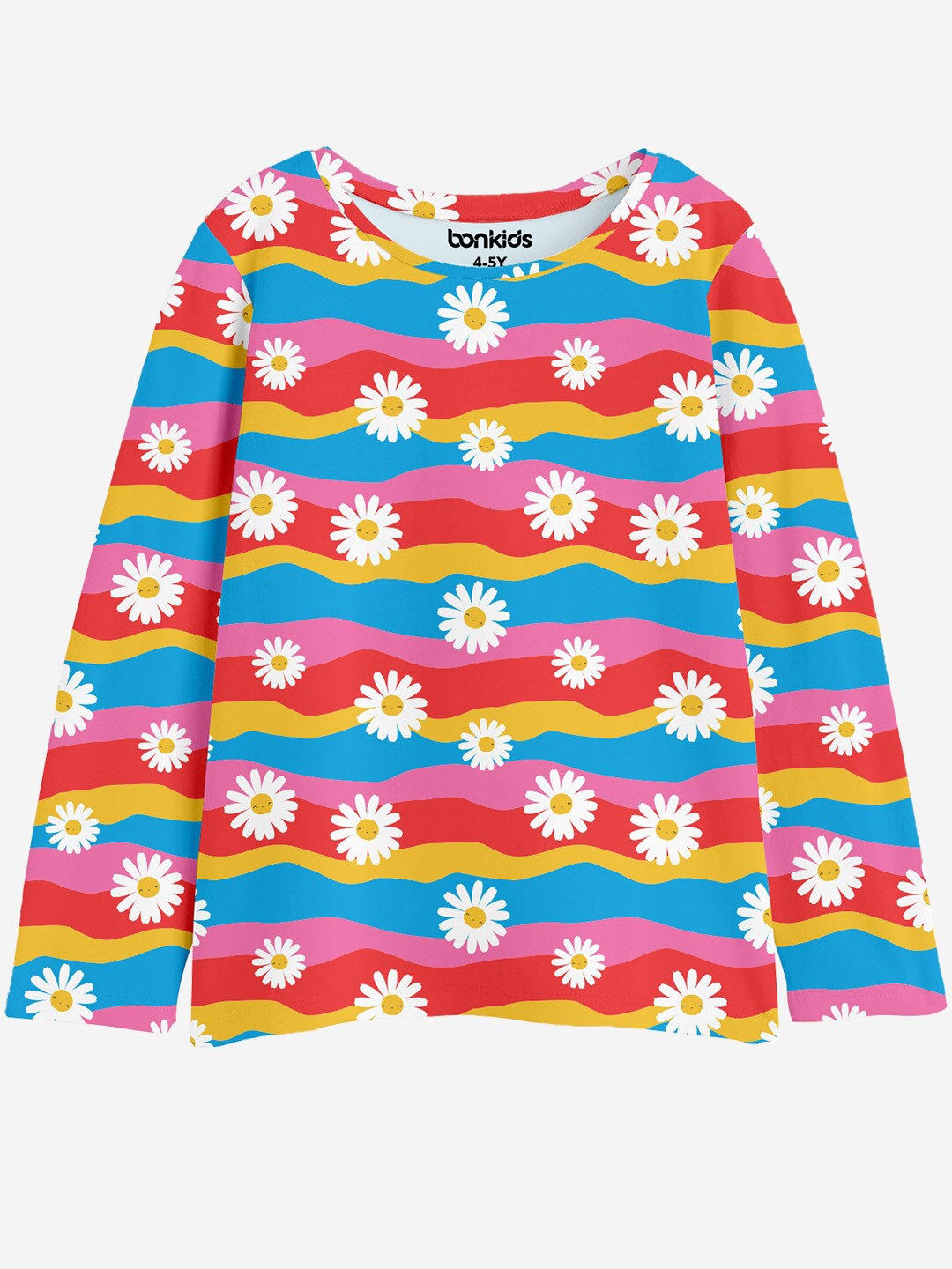 

BONKIDS Girls Floral Printed Round Neck Long Sleeves Cotton T-shirt, Red