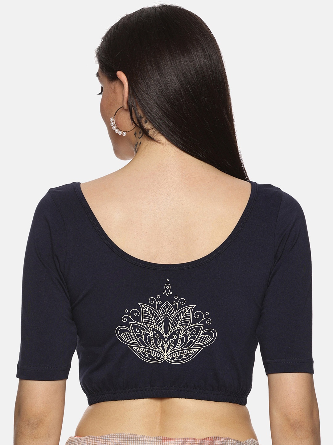 

NOT YET by us Floral Back Printed Stretchable Saree Blouse, Navy blue