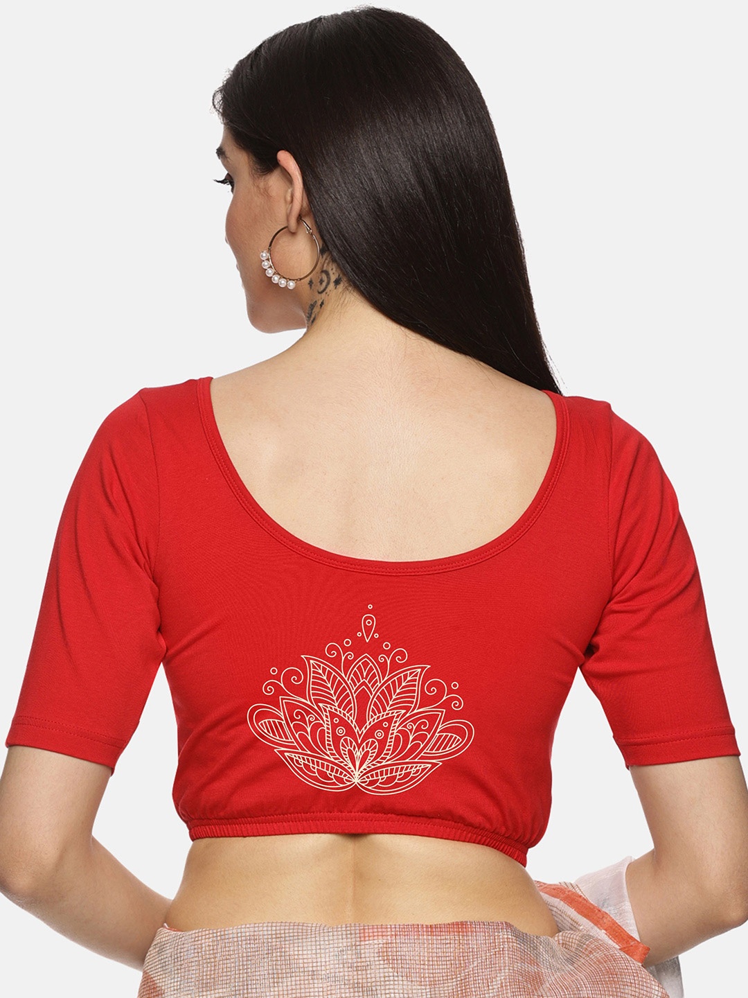 

NOT YET by us Floral Back Printed Stretchable Saree Blouse, Red