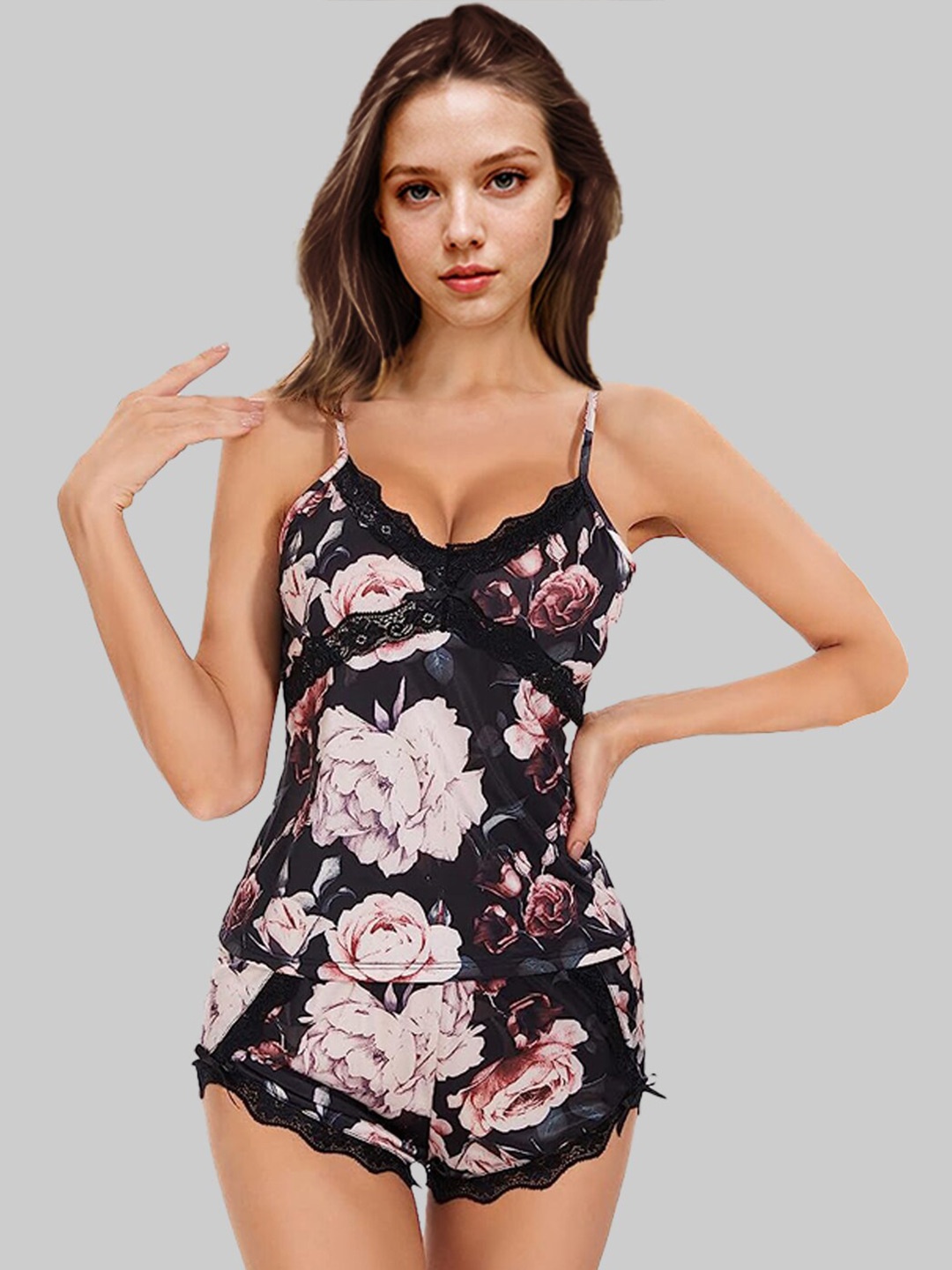 

KRENOZ Floral Printed Shoulder Straps Baby Doll With Shorts, Black