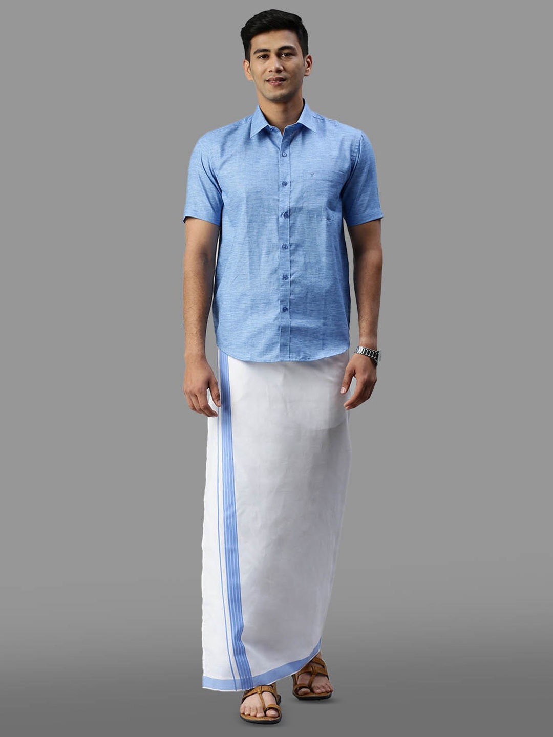 

Ramraj Cotton Half Sleeve Shirt & Matching Adjustable Dhoti, Blue
