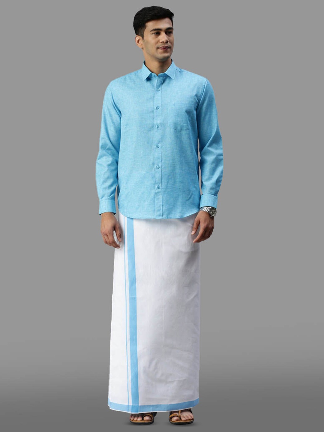 

Ramraj Cotton Full Sleeve Shirt & Matching Adjustable Dhoti, Blue