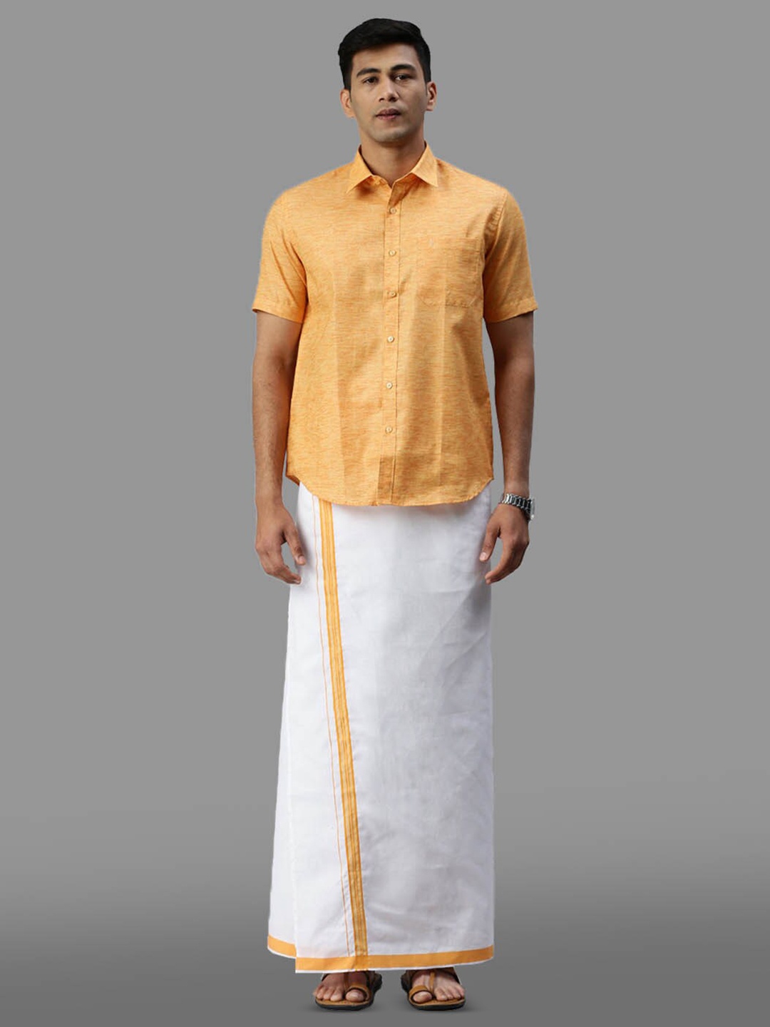 

Ramraj Cotton Half Sleeve Shirt & Matching Adjustable Dhoti, Orange