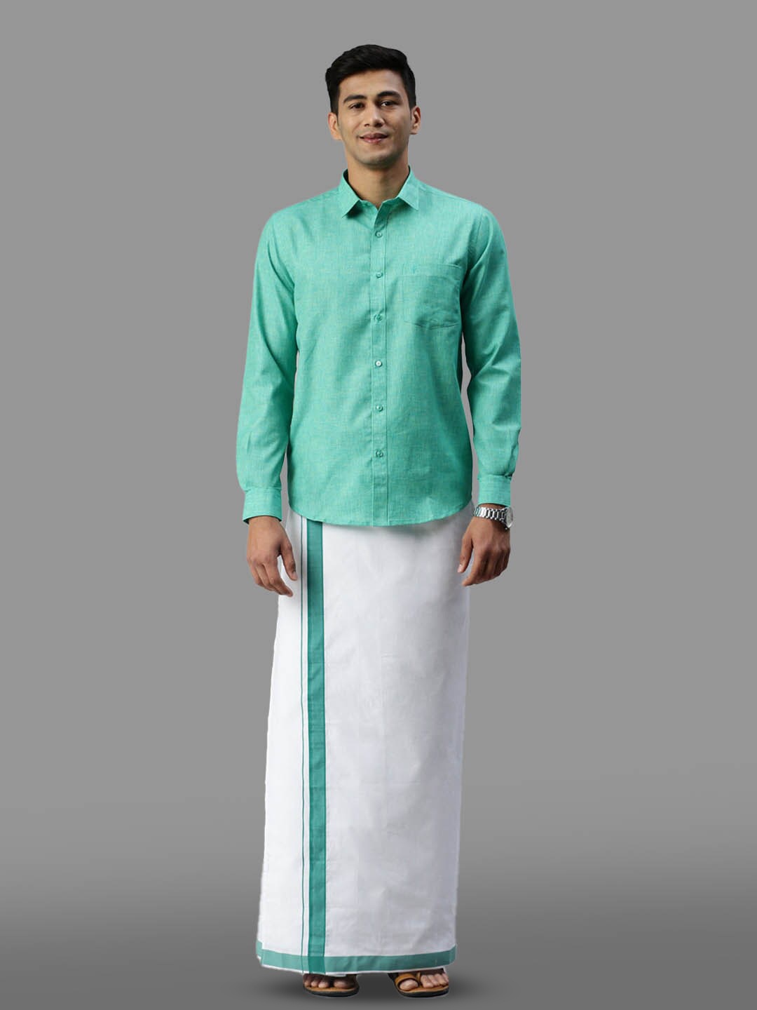 

Ramraj Cotton Full Sleeve Shirt & Matching Adjustable Dhoti, Green