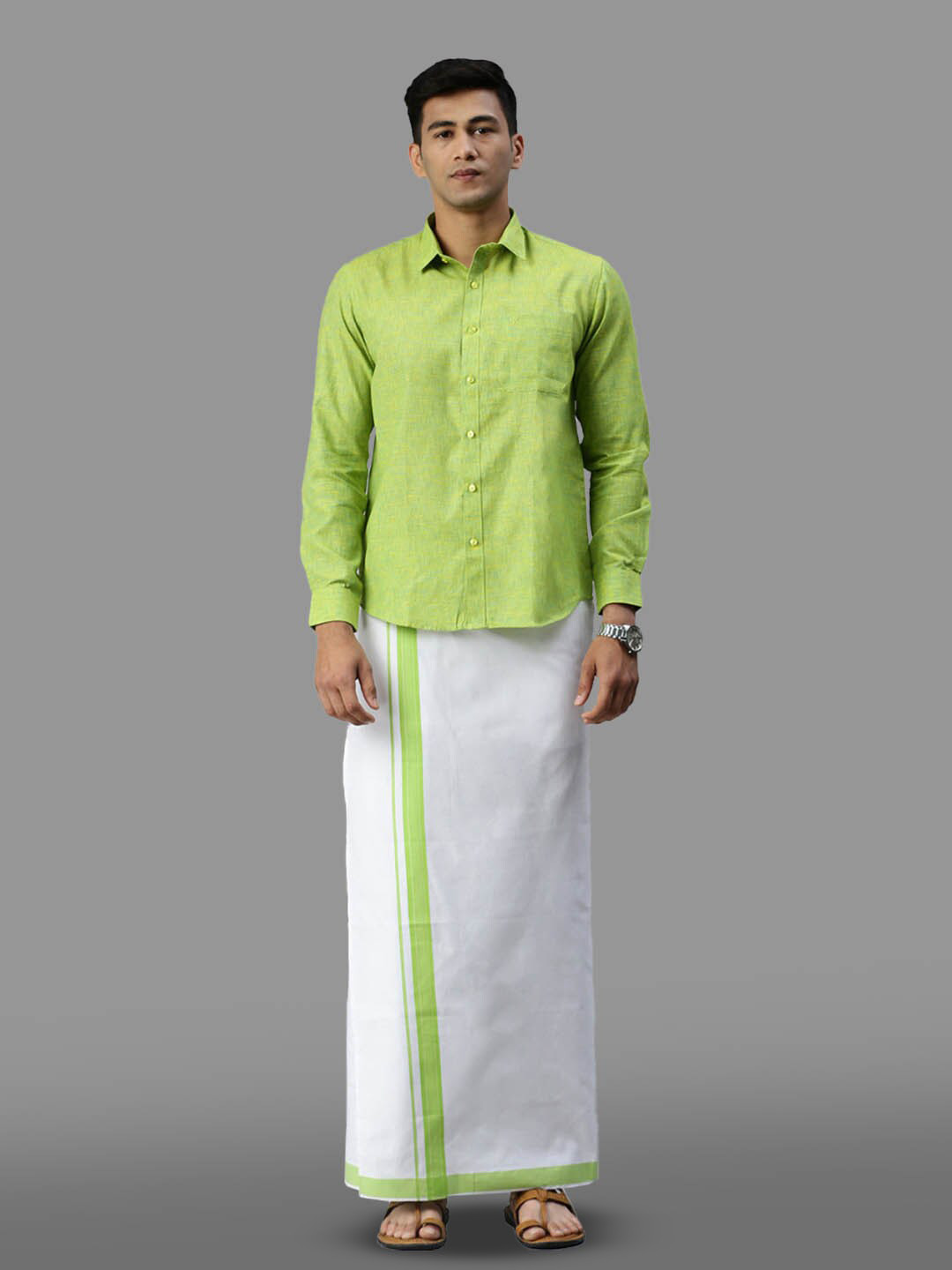 

Ramraj Cotton Full Sleeve Shirt & Matching Adjustable Dhoti, Green