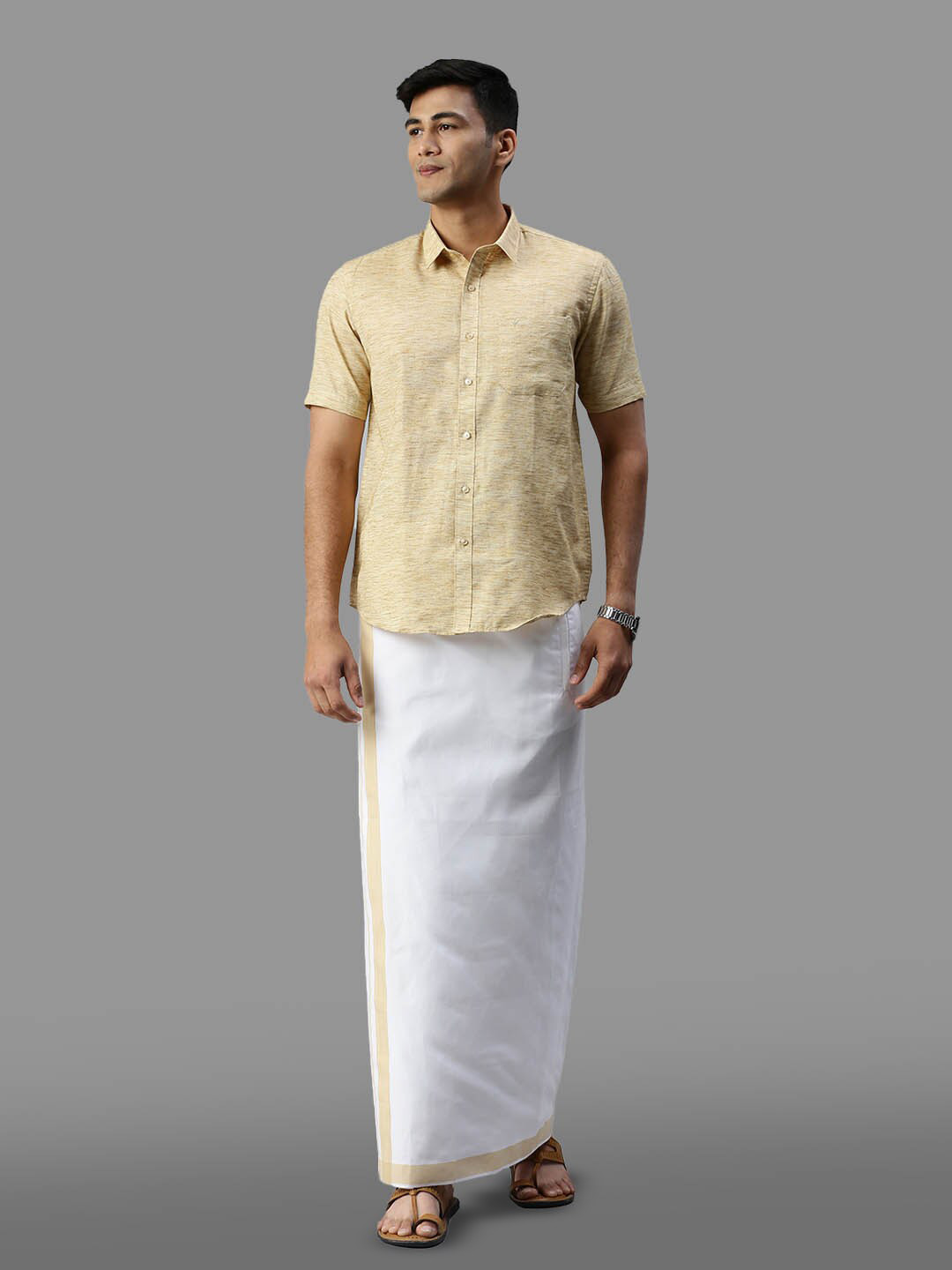 

Ramraj Cotton Half Sleeve Shirt & Matching Adjustable Dhoti, Beige
