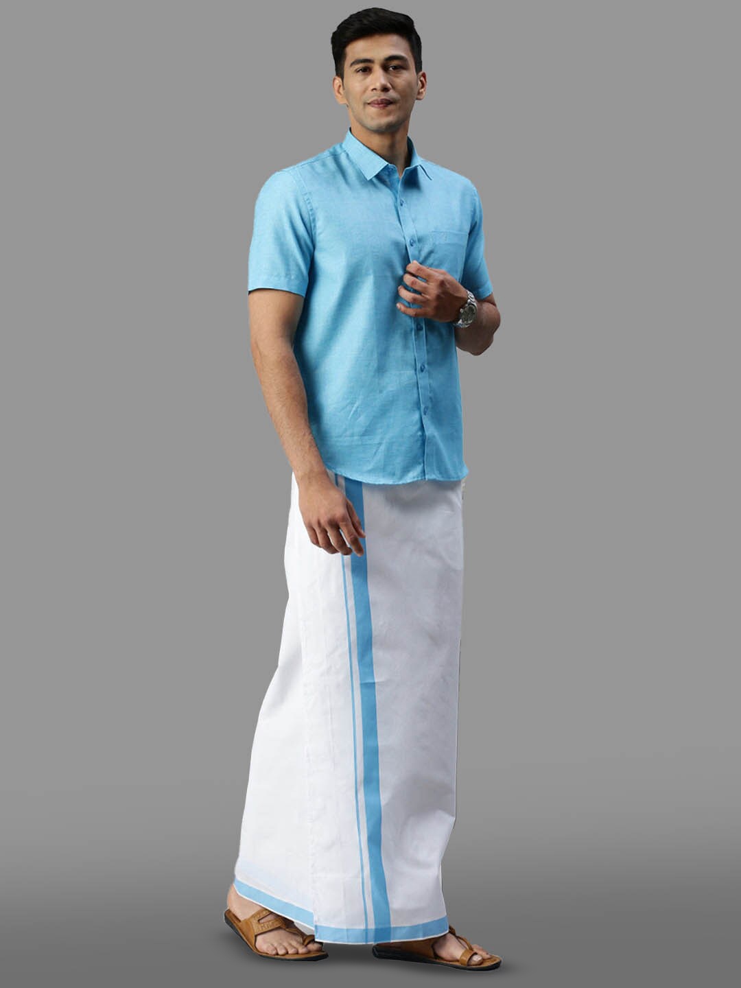

Ramraj Cotton Half Sleeve Shirt & Matching Adjustable Dhoti, Blue
