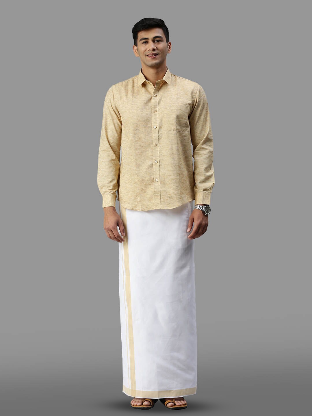 

Ramraj Cotton Full Sleeve Shirt & Matching Adjustable Dhoti, Beige