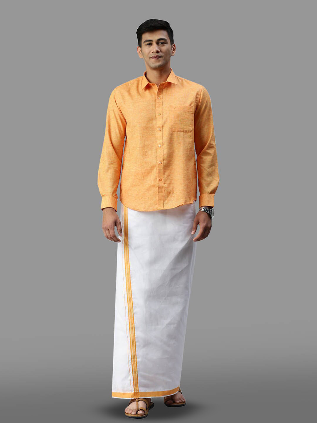 

Ramraj Cotton Full Sleeve Shirt & Matching Adjustable Dhoti, Orange