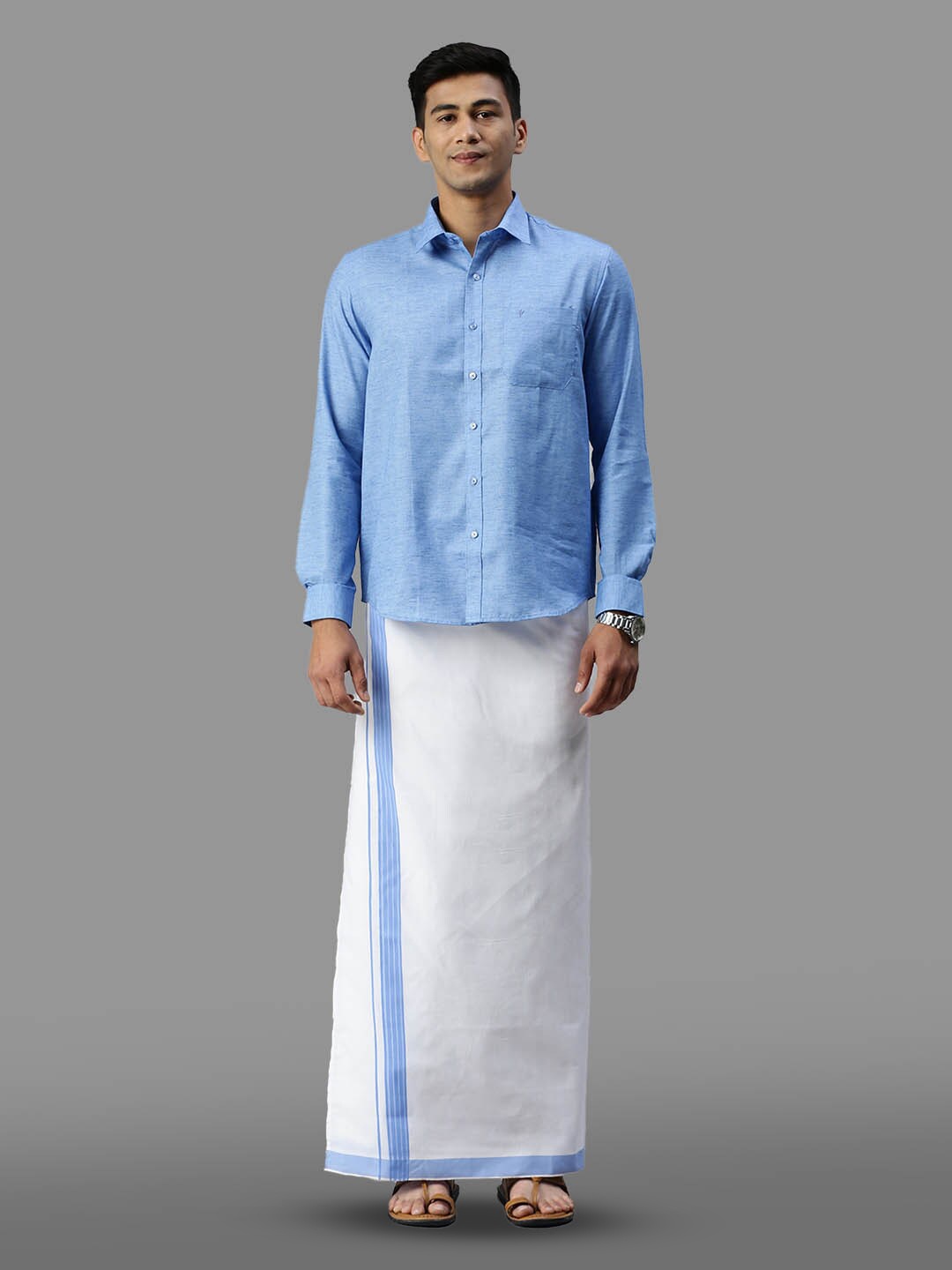 

Ramraj Cotton Full Sleeve Shirt & Matching Adjustable Dhoti, Blue