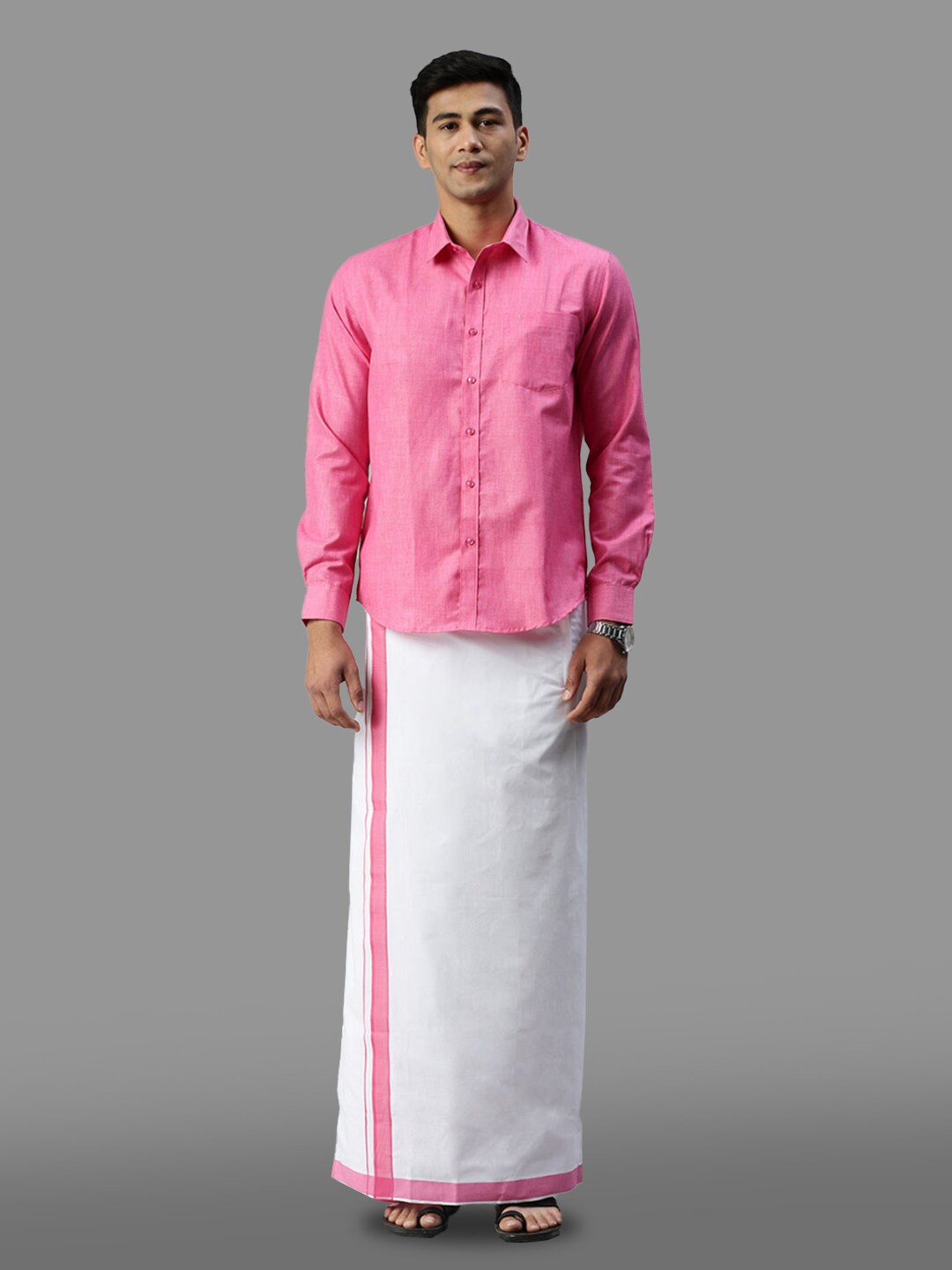 

Ramraj Cotton Full Sleeve Shirt & Matching Adjustable Dhoti, Pink