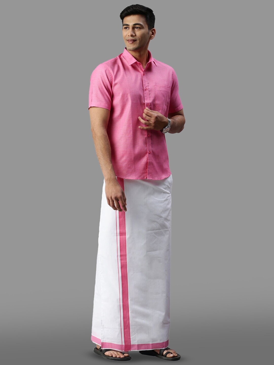 

Ramraj Cotton Half Sleeve Shirt & Matching Adjustable Dhoti, Pink
