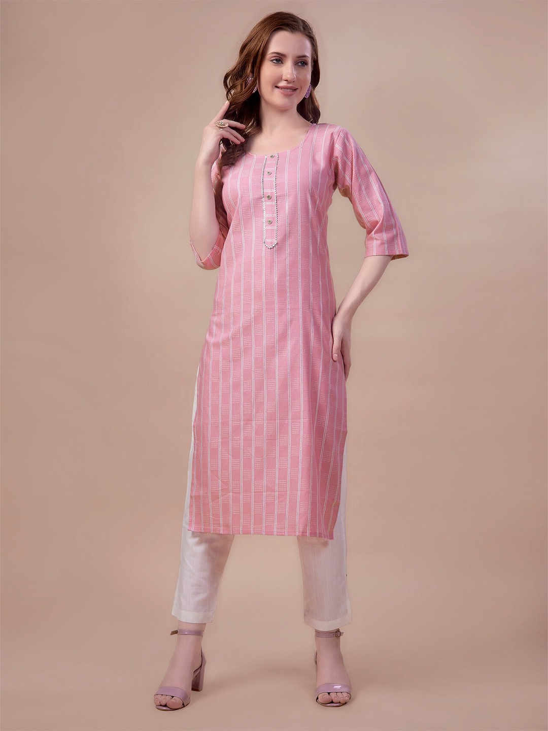 

Goti's Round Neck Striped Kurta, Pink