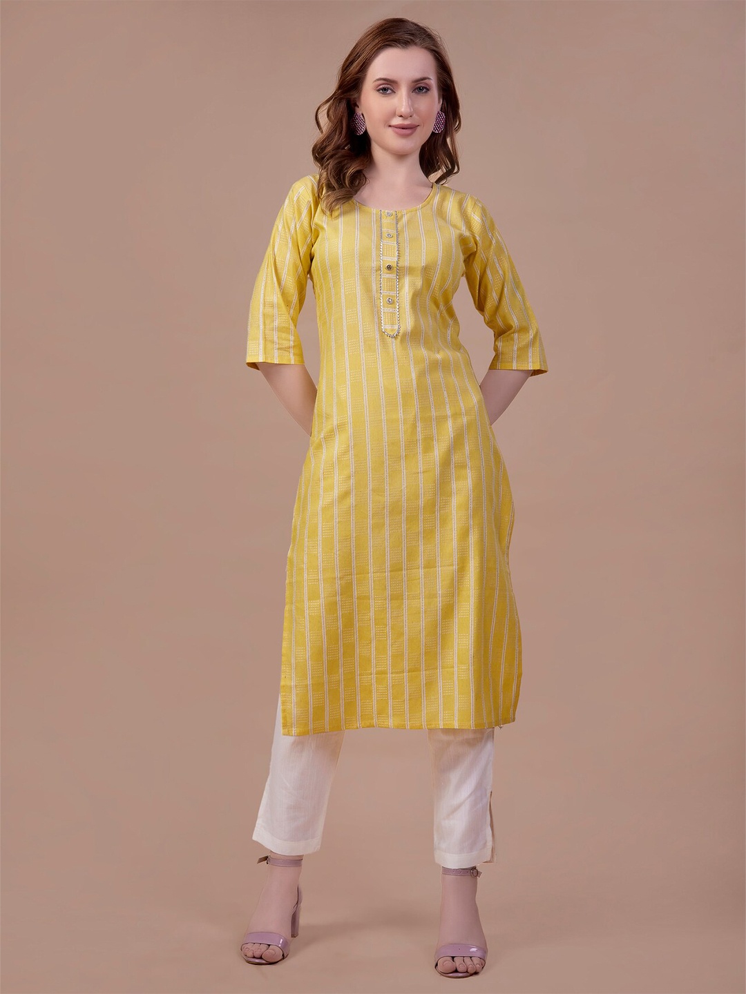 

Goti's Striped Woven Design Round Neck Straight Cotton Kurta, Yellow